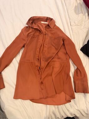 Mango Burnt Orange Satin Button-Down Shirt